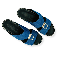 Luxury Denim Arabic Sandals with Center Buckles
